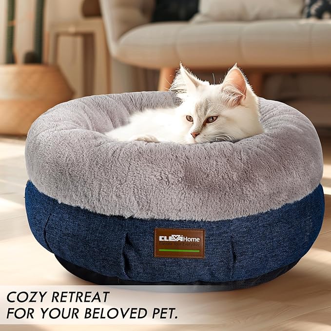 ClevaHome Calming Soft Plush Donut Cat Bed, Fluffy Round Cat Bed for Indoor Cats, Washable Kitten Bed with Plush Faux Fur, Anti-Slip Bottom, Denim Grey