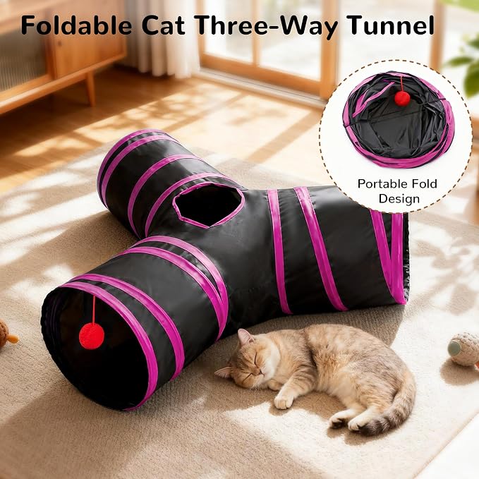 Tempcore Cat Tunnel for Indoor Cats, 3 Way Collapsible Pet Play Tunnel with Teaser Wand, Peek Holes & Hanging Ball, Interactive Tube for Kittens & Rabbits, Black & Rose Red