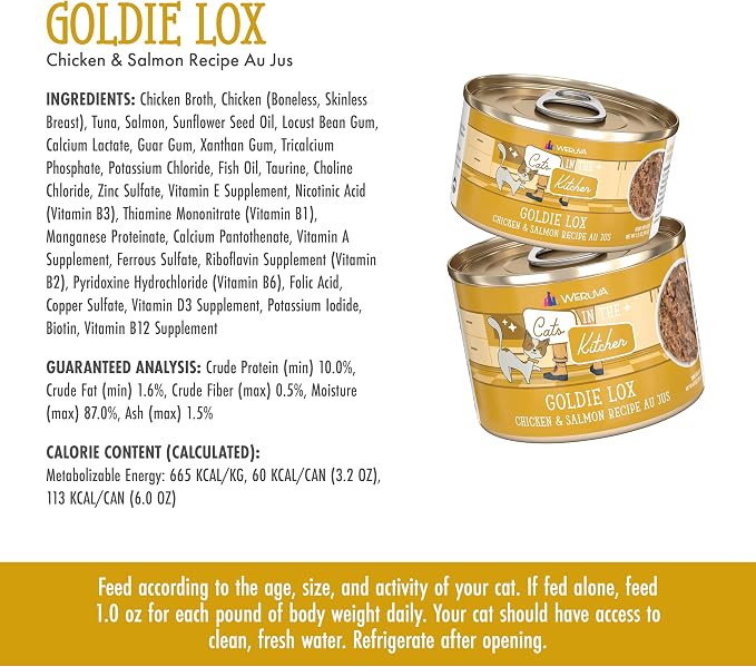 Weruva Cats in The Kitchen, Goldie Lox with Chicken & Salmon Au Jus Cat Food, 3.2oz Can (Pack of 24)