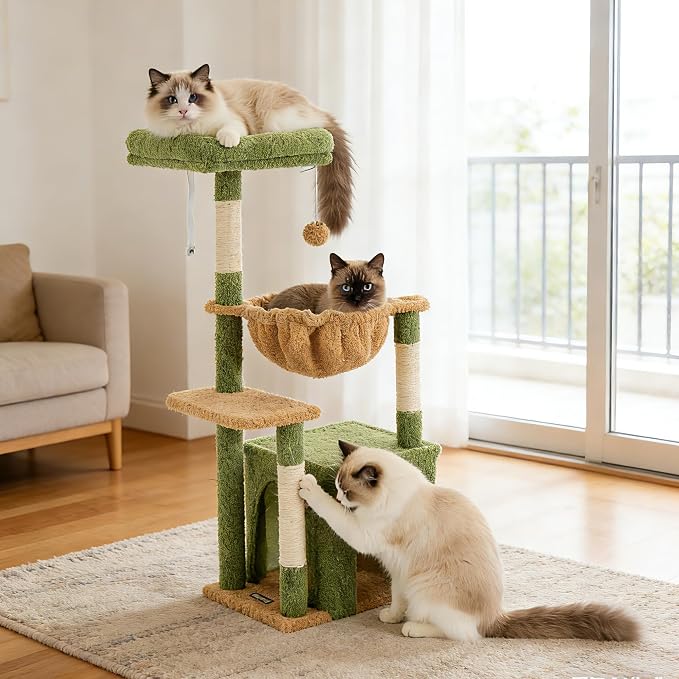 Cat Tree for Indoor Cats, 39.8-inch Cat Tower with 2 Plush Perches for Play & Rest, 1 Cozy Hideaway, Dangling Toy & Full Sisal Scratching Posts for Small Cats, Green