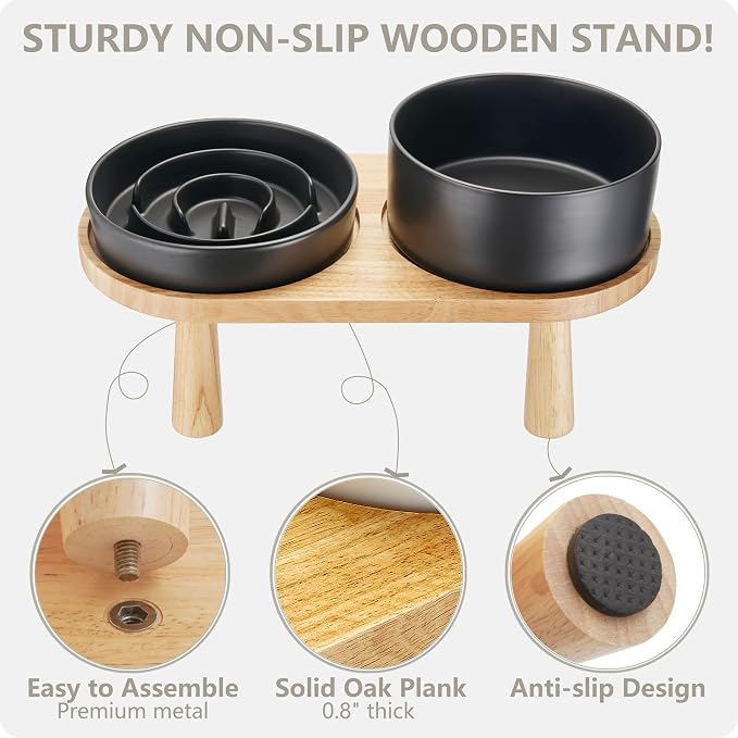 Ceramic Slow Feeder and Water Bowl Set for Medium and Large Dogs, 8.0 Inches Ceramic Dog Bowls Elevated with Wooden Stand, 2.0 Cups Dog Slow Feeder(30oz) and 70oz Water Bowl Set, Black