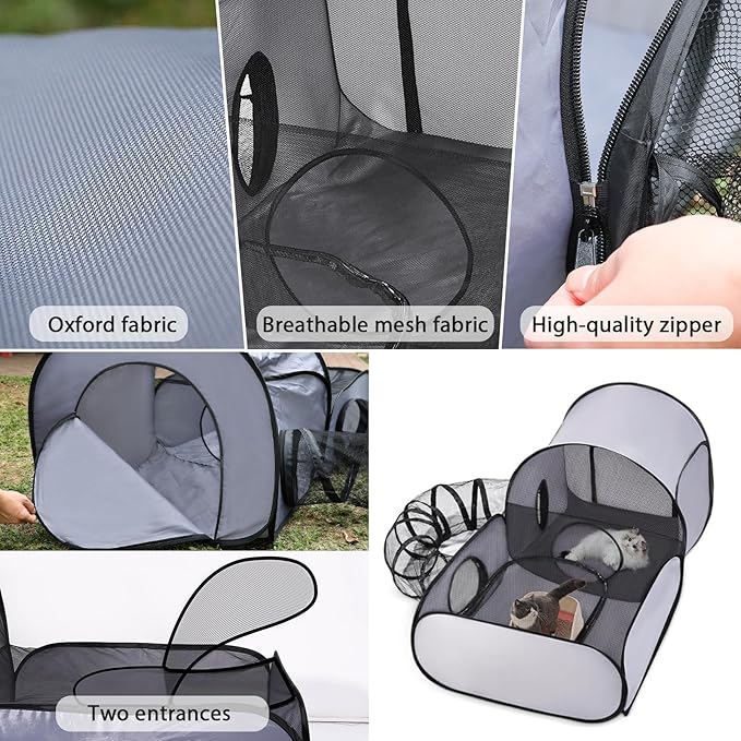 Tailtastic Pet Playpen with Surround Tunnel, Outdoor/Indoor Cat Playpen with Breathable Soft Sides，Tailtastic Cat Enclosure Tent for Small Animals, Portable Tent with Carry Bag (Medium)