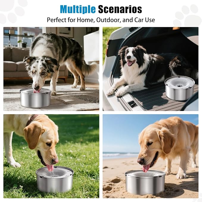 SCHITEC Dog Water Bowl No Spill 101oz / 3L Slow Drinking Anti-Splash Stainless Steel Dog Bowl with Floating Disk, Spill Proof Pet Travel Water Dispenser for Sloppy Messy Drinkers(Light Gray)