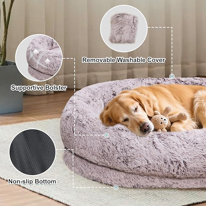 YAEM Human Dog Bed for Adult and Pets - 71"x45"x12" Dogs Beds for Humans with Washable Faux Fur Cover, Plump Pillow, Blanket, Orthopedic Design, Strap-RustWhite