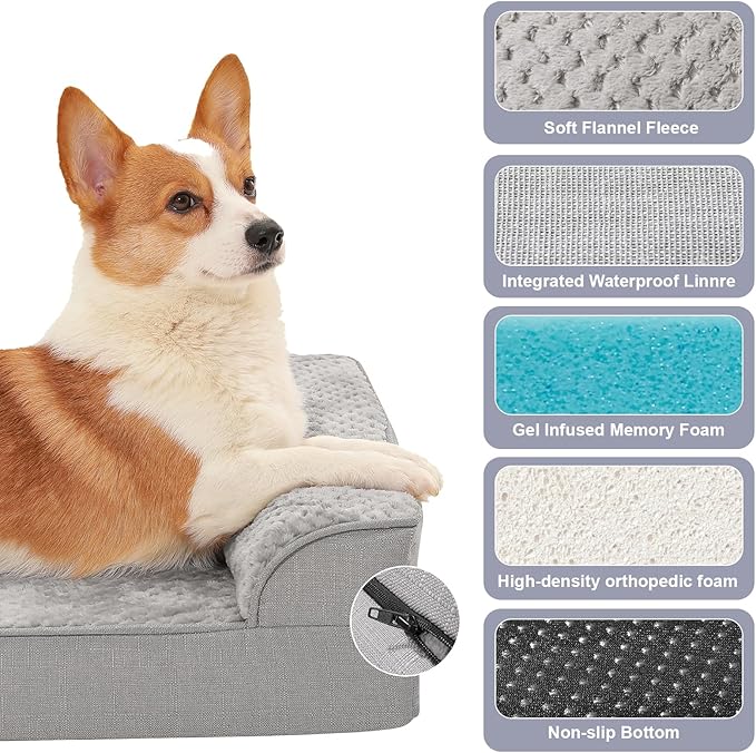 Rainmr Orthopedic Dog Beds for Large Dogs, Memory Foam Dog Beds Large Sized Dogs, Washable Removable Cover, Nonskid Bottom, Waterproof, for Indoor, Outdoor, Crate ＆ Car Use, 44x32x6 Inches, Light Grey