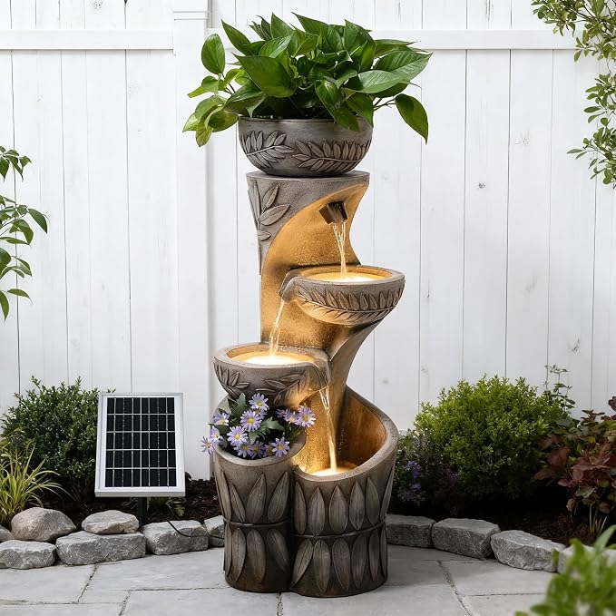 4 Tiered Solar Water Fountain Outdoor Garden, 35.6" Tall Cascading Bowl Leaf Carved Outdoor Waterfall Fountains Modern Water Feature with Dual Planters for Garden, Patio, Deck, Yard, Indoor Decor