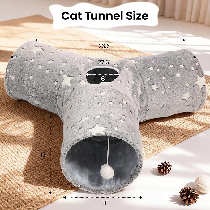 Tempcore 3-Way Collapsible Cat Tunnel Toy with Self-Luminous Tube & Teaser Wand, Peek Holes & Hanging Ball, Photoluminescence Play Tunnel for Indoor Cats, Puppy, Rabbit