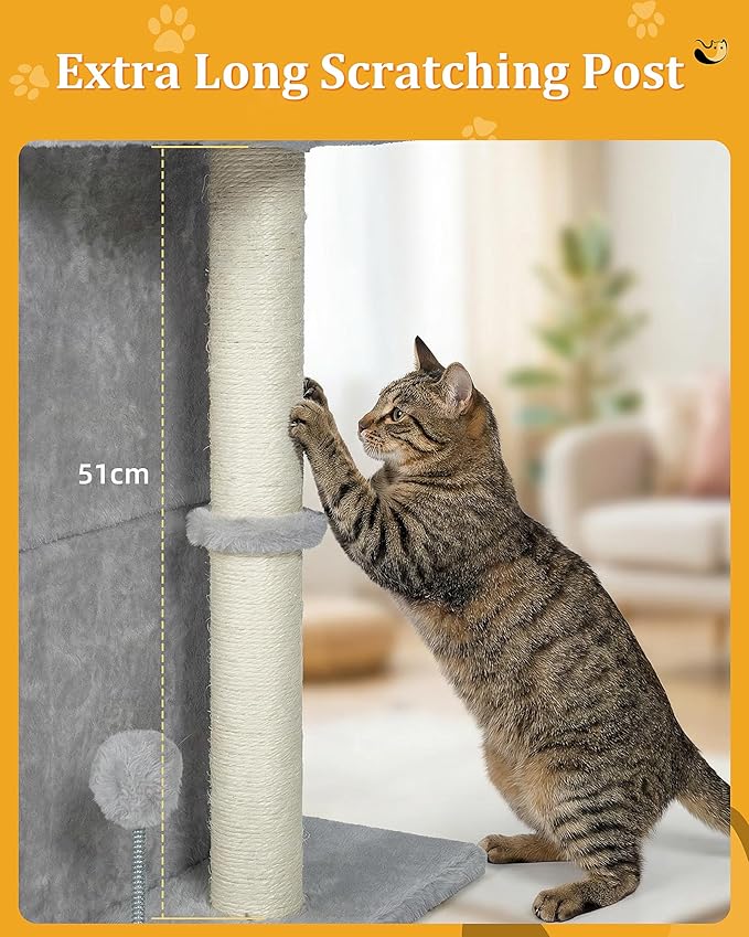Aechonow Cat Tree for Large Cat, 19x16.5In Large Cat Perch, Adult Cat Tower for Indoor Cats with 24In Long Scratching Post, 2 Cozy Cat Condo House for Adult & Fat Cats, Light Gray