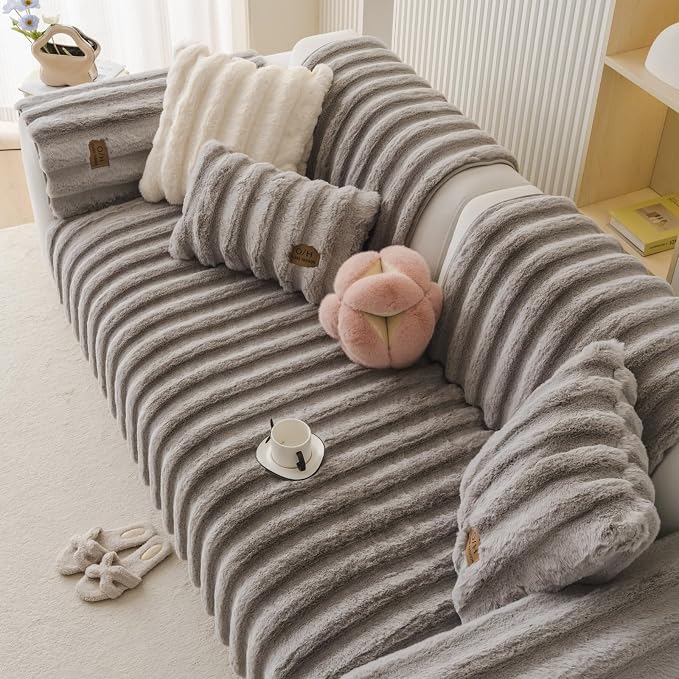 Fuzzy Rabbit Plush Sofa Cover Thick Soft Fur Sectional Couch Cover Furry Fluffy Cushion Cover Non-Slip Sofa Slipcovers Vertical Stripe Furniture Protector for Dogs Cats(Light Grey,36"x36")