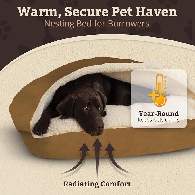Snoozer Rectangle Cozy Cave Dog Bed - Indoor Dog Bed with Cover Cave, Covered Calming Burrow for Medium & Large Sized Pets with Blanket Attached, Enclosed, Washable Cover - Large, Camel