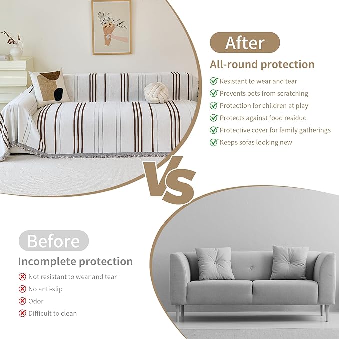 VANJOROY Couch Cover for 2 3 Cushion -Washable 100% Organic Chenille Couch Cover for Dogs Pets, Sofa Cover Protector Soft Sofa Slipcovers Sectional L-Shape with Tassel,71"x 118"