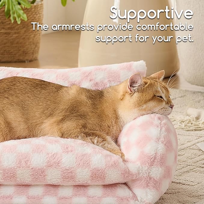 Hollypet Cat Bed Fluffy Plush Multifunctional Double-Layer Machine Washable Soft Warming Kitty Pet Couch Orthopedic Nest Beds for Small Cats Kitten and Dogs up to 13lbs, Pink and White(21x15x8 inch)