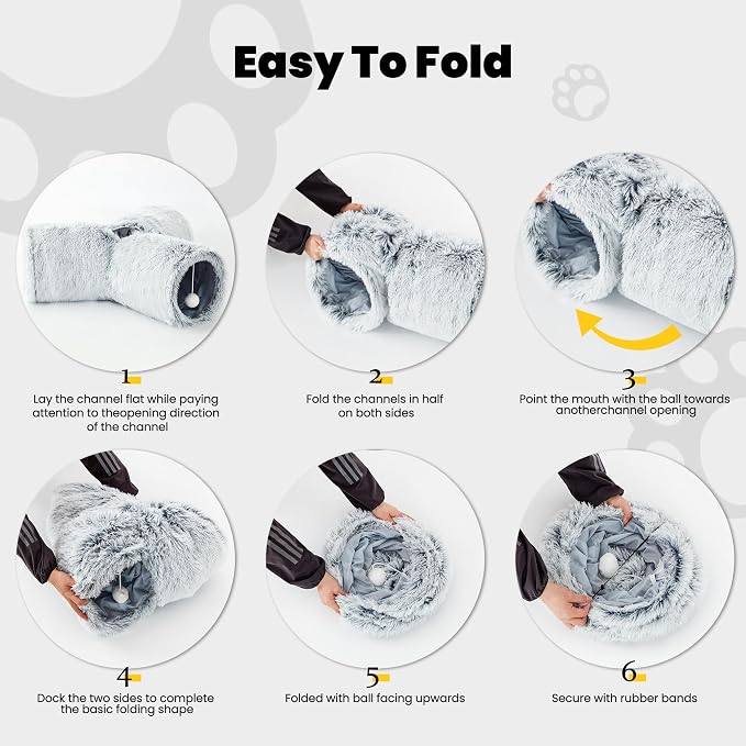 Tempcore Plush Cat Tunnel for Indoor Cats, 3 Way Collapsible Pet Play Tunnel with Teaser Wand, Peek Holes & Hanging Ball, Interactive Tube for Kittens & Rabbits, Light Grey