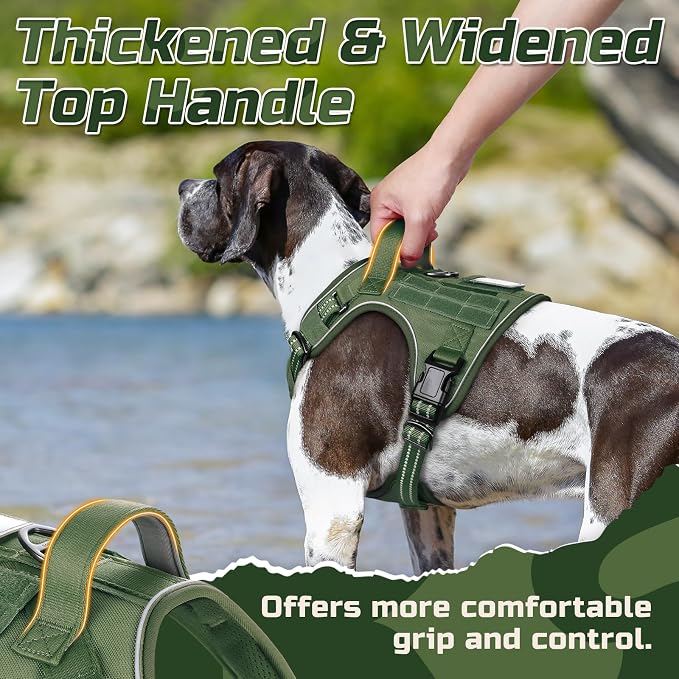 rabbitgoo Tactical Dog Harness for Large Dogs, No Pull Military Service Vest with Handle & Molle, Easy Control for Training Walking, Adjustable Reflective Straps, Green, L