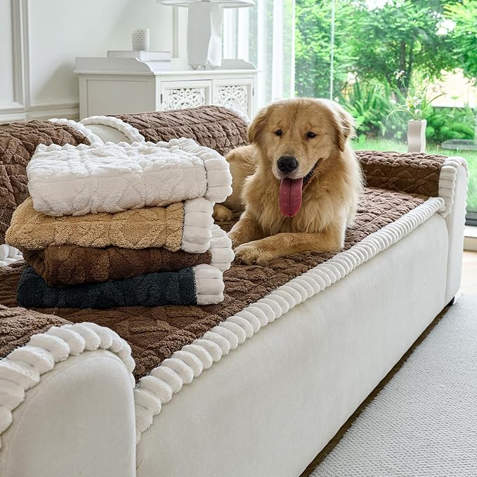Fuzzy Couch Covers for Dogs, Non Slip Thick Dog Couch Cover Protector, Plush Pet Couch Covers for Sofa Washable, Soft Sofa Cushion Slipcovers Pet Friendly(1PC, Brown, 27.6”x94.5”)