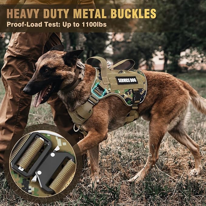 WINSEE Tactical Dog Harness for Large Dog, Heavy Duty Service Dog MOLLE Vest with 10 Pet Patches, No Pull Military Working Vest for Training Hunting Walking
