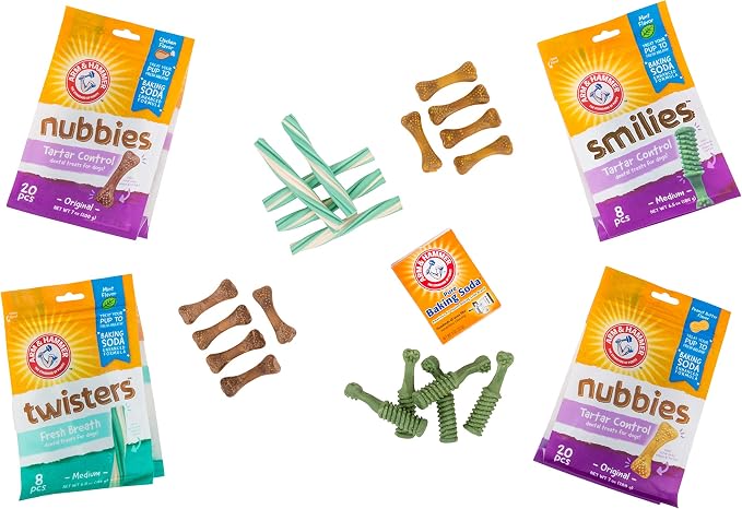 Arm & Hammer for Pets Nubbies Dental Treats Baking Soda Calcium Dog Dental Chews Nubbed Texture Scrubs Plaque Tartar Chicken Flavor 20 Count 7 OZ 4 Pack