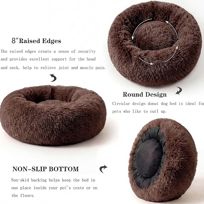 Calming Dog Bed for Medium Dogs Washable Donut 30 inches Anti-Slip Pet Bed,Round Fluffy Plush Faux Fur Cat Bed,Fits up to 45 lbs Pets,Chocolate Brown