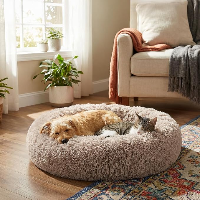 PetAmi Calming Dog Bed for Small & Medium Dogs, Cats & Puppy, Warming Round Donut Cuddler Bed, Anti-Anxiety Fluffy Shaggy Faux Fur Pet Bed, Machine Washable, Non-Slip Bottom, 30 Inch - Taupe