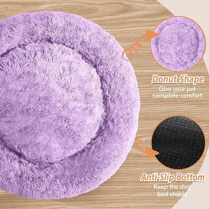 JOLLYVOGUE Calming Dog Bed Medium Size Dog, 31in Donut Washable Medium Pet Bed, Anti-Slip & Anti-Anxiety Fluffy Faux Fur Round Dogs Bed, Fits up to 45 lbs Pets (Purple)