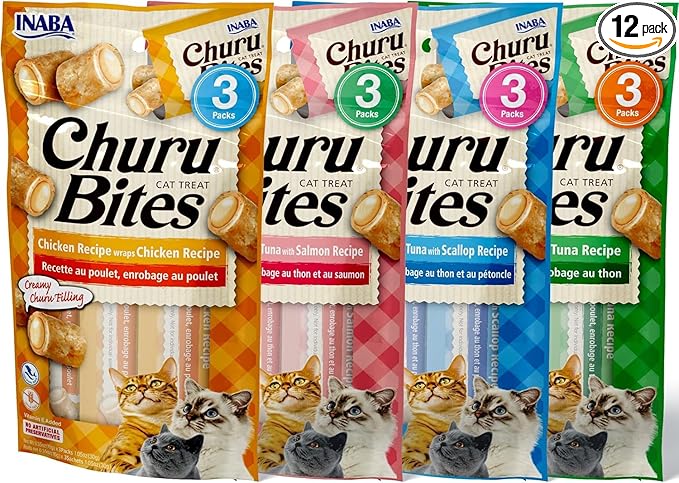INABA Churu Bites for Cats, Soft Baked Chicken Churu Filled Cat Treats with Green Tea Extract, 0.35 Ounces Each Tube, 12 Tubes Total, 4 Flavor Variety