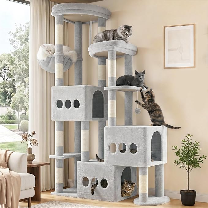 Gitelsnour Sturdy Cat Tree with 3 Large Cat Condos, 3 Platfroms, 71.7'' Cat Tree Tower for Indoor Cats Large Adult, Heavy Duty Cat Tower with 10 Scratching Posts for 20 lbs+Cats, Light Gray GCT036W