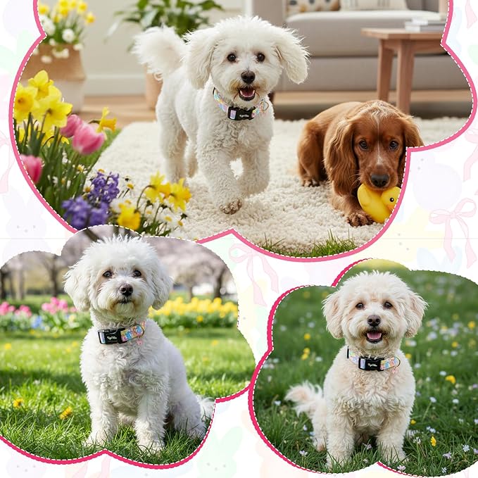 Easter Dog Collar with Cute Bunny & Bow Patterns, Extra Small Dog Collar with Exquisite Pendant, Durable Adjustable Collars for Easter Gifts & Daily Use-XS