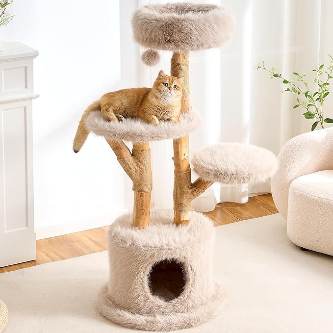 HITTITE Natural Wood Cat Tree Tower with Scratching Post, 53.5 Inches Tall Modern Cat Tower with Cozy Bed and Condo, Luxury Real Branch Cat Tree for Indoor Cats Large Adult, Khaki.