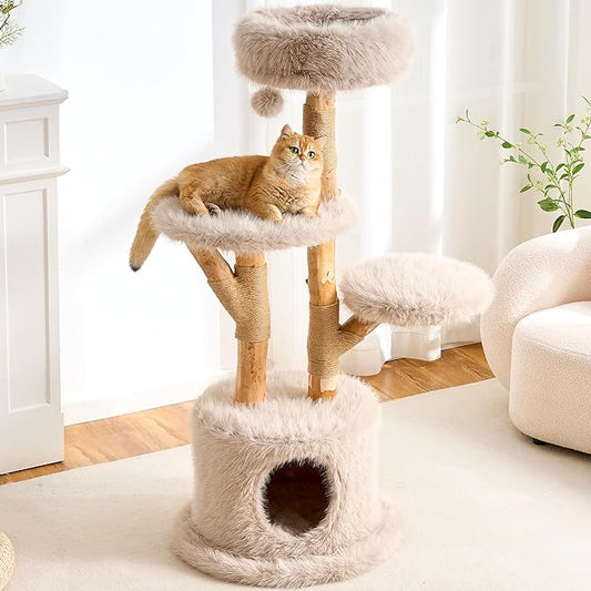HITTITE Natural Wood Cat Tree Tower with Scratching Post, 53.5 Inches Tall Modern Cat Tower with Cozy Bed and Condo, Luxury Real Branch Cat Tree for Indoor Cats Large Adult, Khaki.