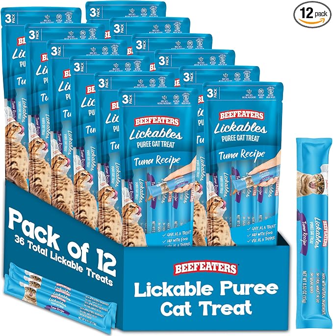 Beefeaters Tuna Pure Cat Treats 1.59oz (12 Pack) | Lickable Squeeze Tube Treats, Grain-Free, No Added Sugar, Real Tuna, Taurine-Enriched, Ideal for Bonding, Seniors, Toppers & Everyday Treating