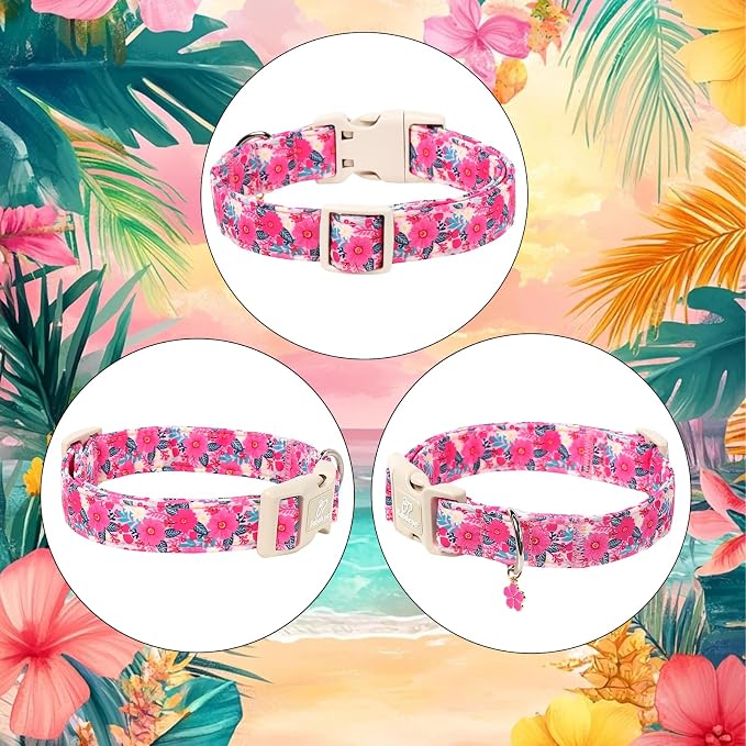 Summer Floral Dog Collar Girl Dog Collars for Giant Large Dogs - Lightweight Adjustable Hot Pink Boho Female Dogs Everyday Collar with Safety Buckle XL