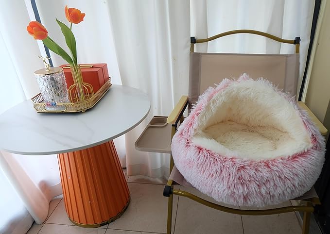ZaneSun Calming Round Dog Bed & Cat Cave with Hooded Cover, Plush Fluffy Anti-Anxiety Cat Bed, Waterproof Bottom Washable (Pink, 20x20inch)
