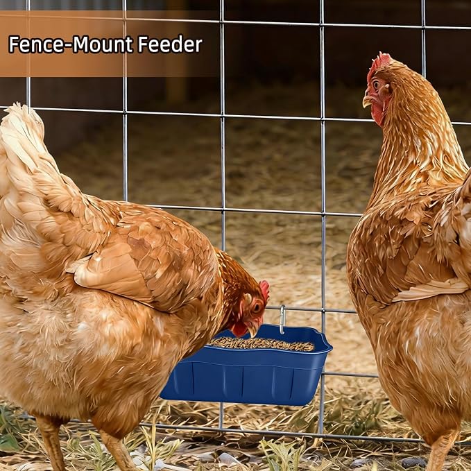 Hanging Chicken Feeders,Duck Feeder Waterer,Small Feed Trough 1.3 Quart 2 Pack,Hanging Fence Feed Trough for Poultry,Blue