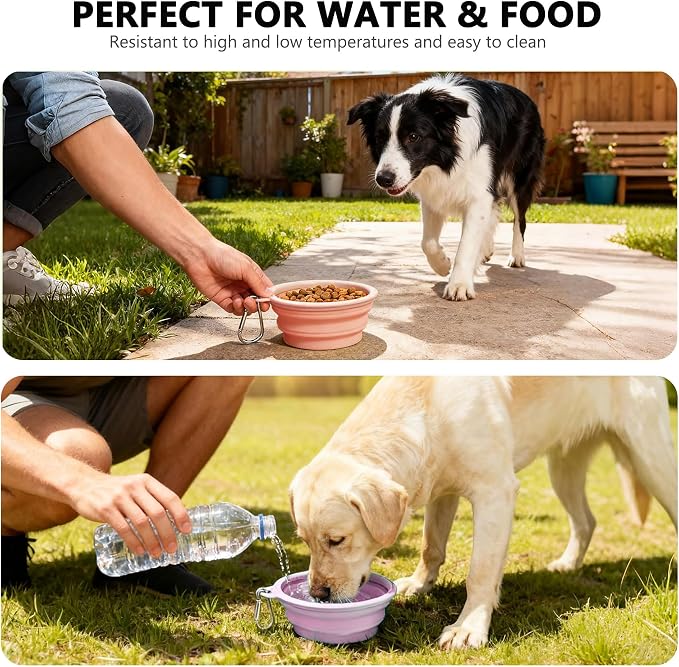 3 Pack Collapsible Dog Bowls,Pet Bowls with Pet Poop Bag Dispenser Set,Portable Silicone Travel Dog Bowls for Walking,Hiking,Camping,Outdoor Travel(Pink&Purple)