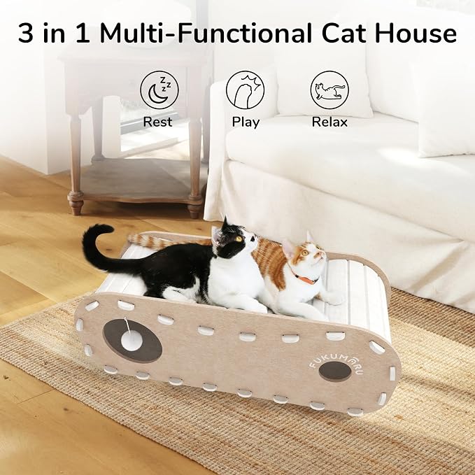 FUKUMARU Cat Beds for Indoor Pets 31.5 Inch, Extra Long Cozy Cat Bed Cave Tunnel for Multiple & Large Cats, Felt Kitten Hideaway House with Fluffy Ball, Scratch Resistant, Warm & Safe, Beige