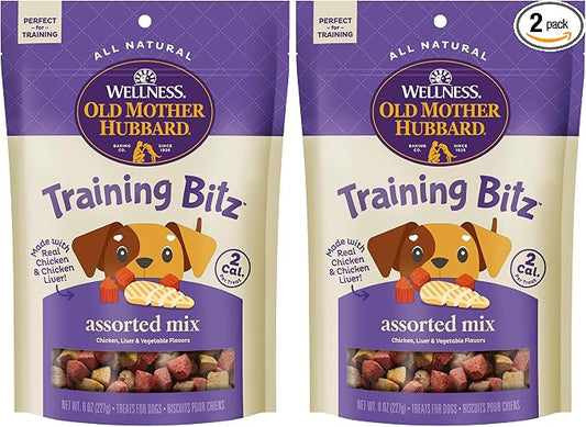 Old Mother Hubbard Wellness Training Bitz Assorted Mix Dog Treats, Natural Biscuits, 3 Flavors, 8 oz Bag (Pack of 2)