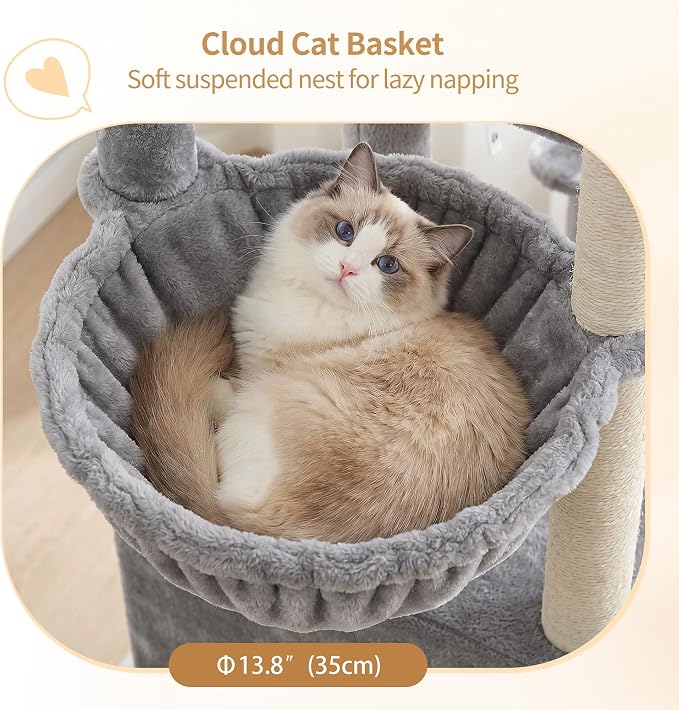 Heybly Cat Tree, 59.4" Secure Anti-Tip Cat Tower for Large Cats, Spacious Cat Furniture with Dual-Tier Cat Condo, 2 Top Perches, Hammock and Sisal Scratching Posts, Light Gray HCT055W
