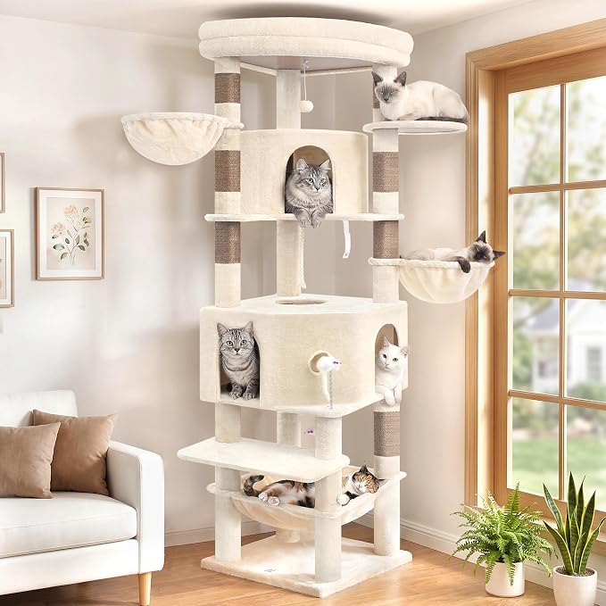 Cat Tree, 81.1" Skyward Corner Cat Tower for Large Cats with Diamond Hideout, Space-Smart Cat Furniture with Grand Platform, Firm Base, 3 Soft Hammock & Pet Relax Station, Beige VCT031MJ
