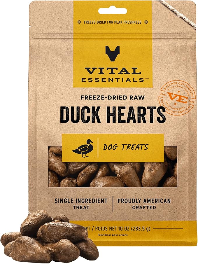 Vital Essentials Freeze Dried Raw Duck Hearts Dog Treats | Single Ingredient | Premium Quality | Grain Free Treats for Dogs, 10 oz Bag