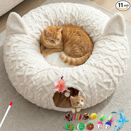 OurWarm Large Cat Tunnel Bed for Indoor Cats with Soft Cushion & Cat Toys, Round Under Tree Cats Donut Tunnel Christmas Tree Skirt, White Plush Pet Peekaboo Cave for Kitten/Puppy/Rabbit to Play