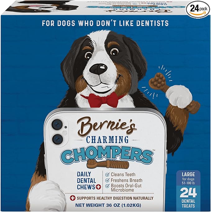 Bernie's Charming Chompers - Daily Dental Chews for Dogs 51-100 Lbs. - 24 Count - Cleans Teeth, Freshens Breath, + Boosts Oral-Gut Microbiome. Easy to Digest, Supports Healthy Digestion Naturally