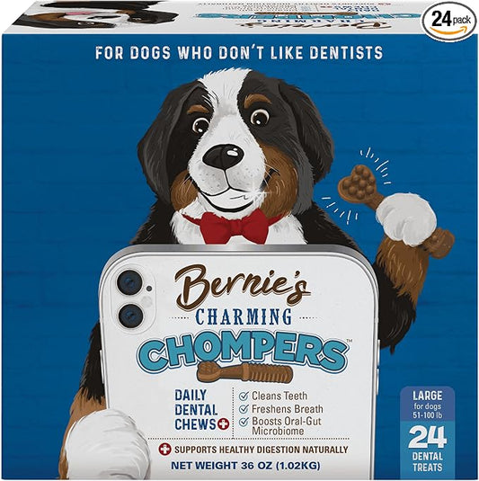 Bernie's Charming Chompers - Daily Dental Chews for Dogs 51-100 Lbs. - 24 Count - Cleans Teeth, Freshens Breath, + Boosts Oral-Gut Microbiome. Easy to Digest, Supports Healthy Digestion Naturally