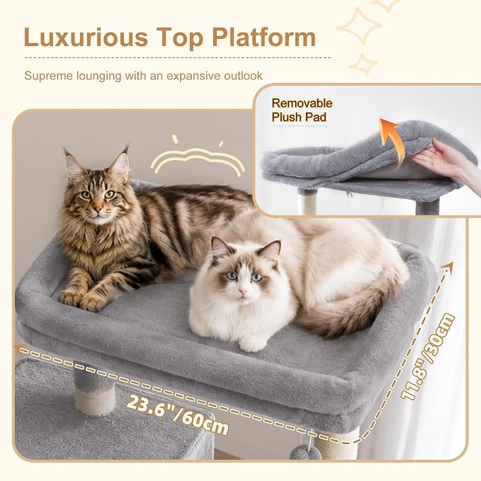 Heybly 68.1" Cat Tree with Oversized Top Platform & Wide Base, Heavy Duty Cat Tower for Large Indoor Cats with 2 Condos, 2 Hammocks, 10 Sisal Scratching Posts, Stable Cat House, Light Gray HCT059W