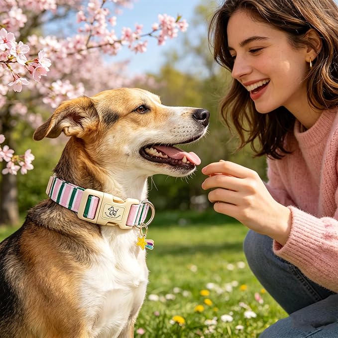 Elegant little tail Dog Collar, Cute Pink with Green Strip Pattern Pet Collars Soft Girl or Boy Adjustable Cotton Puppy Collar with Quick Release Buckle for Large Dogs