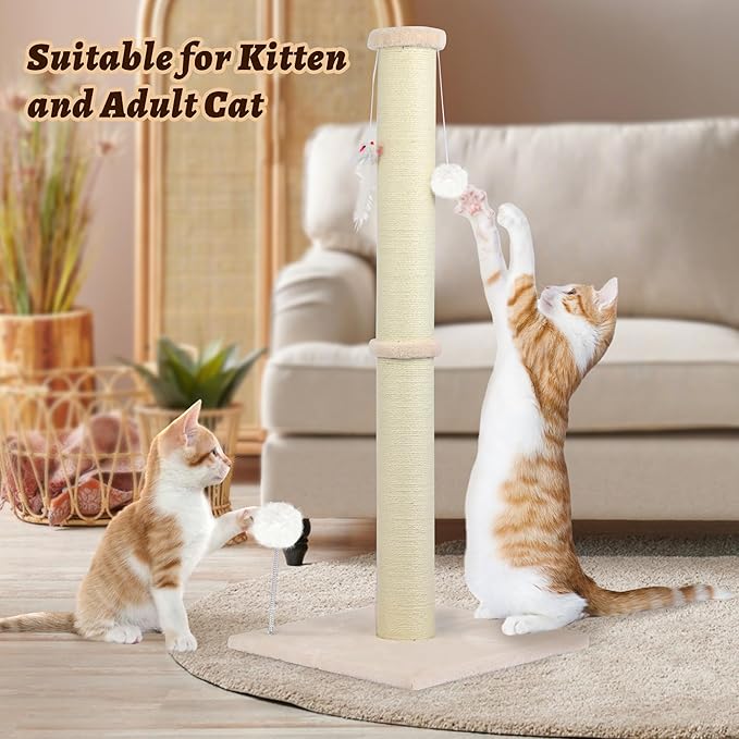 36 Inch Tall Cat Sisal Scratching Post for Indoor Cats, Beige | Natural Sisal, Sturdy Base, Interactive Toys, Full Stretch, Furniture Scratching Redirect, For Kittens and Adult Cats