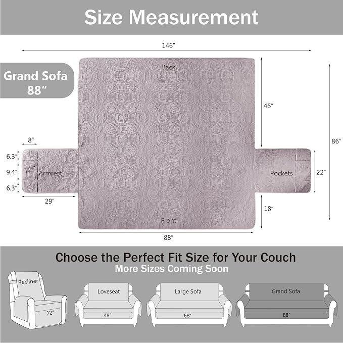 Quilted Grand Sofa Covers Washable, Couch Cover for Grand Sofa, Soft Cozy Couch Protector for 4 Cushion Couch, Oversized Grand Sofa Slipcovers Water-Repellent (Grand Sofa 88", Cloud Purple)
