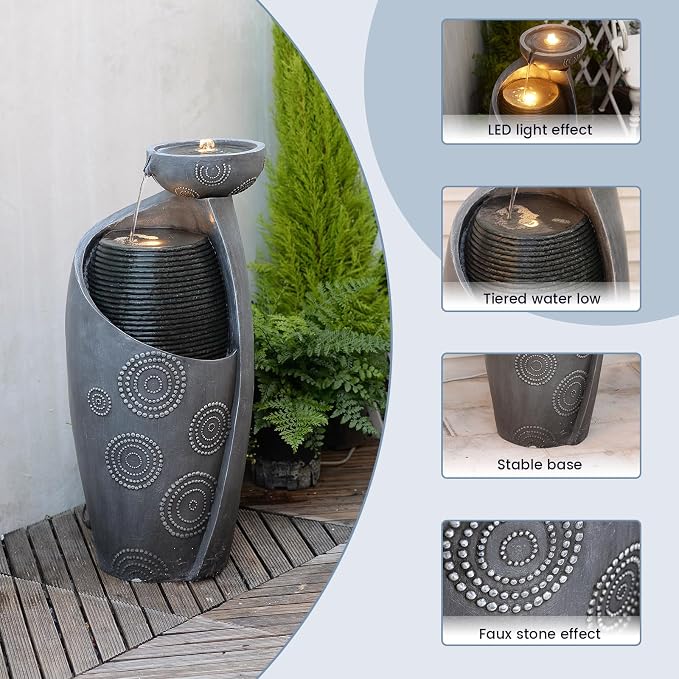 Jar Indoor Water Fountain - Outdoor Decor Garden Vase Waterfall 31.8" Cascading Water Feature with Lights Watefall Fountains for Porch, Patio, Backyard, Deck, Home Gift,Grey