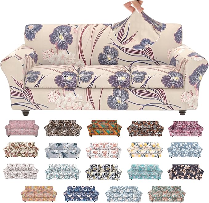 Stretch Couch Covers for 3 Separate Cushion Couch Sofa,Floral Printed Couch Sofa Cover,Washable Sofa Slipcover,Pet Friendly Furniture Protector with Elastic Bottom,Universal Fit for Home(Sofa,Cover)
