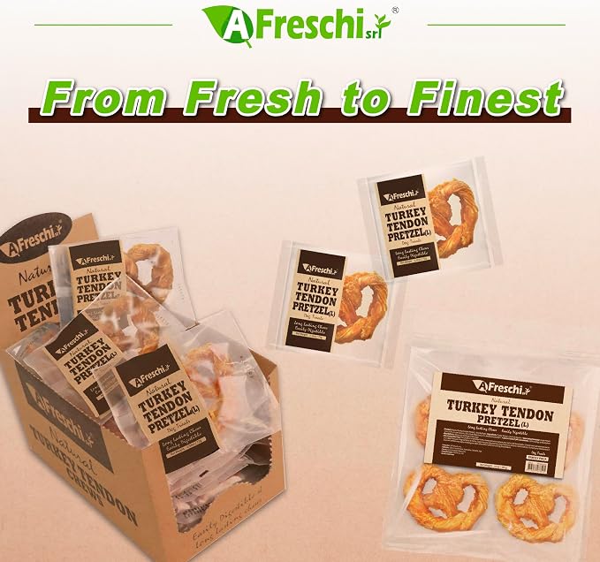 A Freschi srl Turkey Tendons for Dogs, USA-Sourced, Healthy Dog Treats, Rawhide-Free Puppy Chews, Long Lasting, All Natural, Hypoallergenic Dog Treats for Large Breeds, 10 oz Pack Pretzel (L)