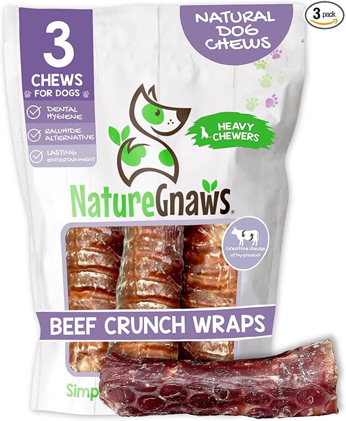 Nature Gnaws Beef Trachea Crunch Wraps for Dogs (3 Count) - Long Lasting Natural Beef Jerky Dog Chew Bones - Rawhide Free